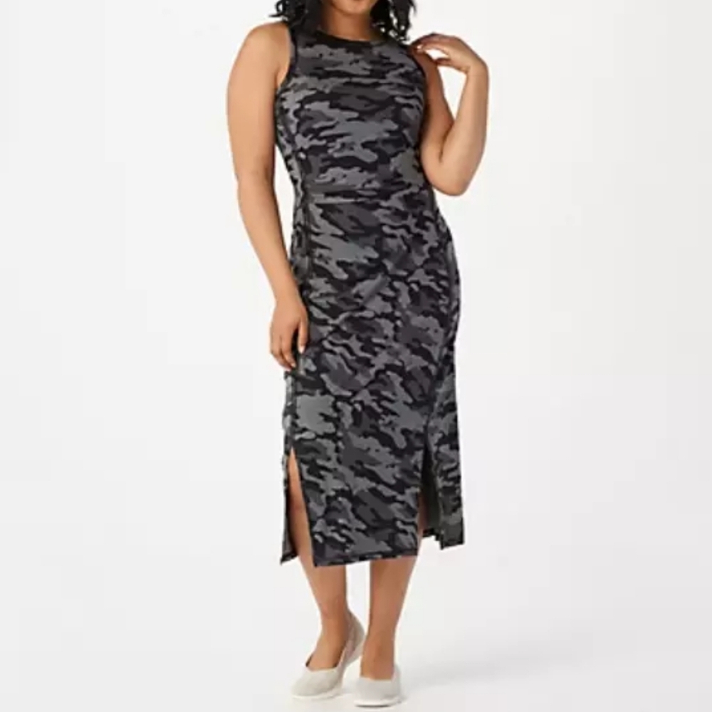 Zuda Black Camo Boho Gathered Athleisure Jersey Cozy Comfy Dress 1Xp